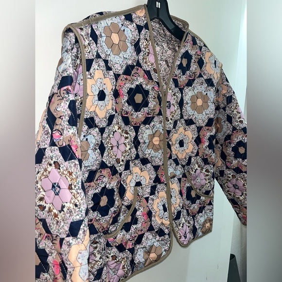 Cropped Puffer Quilted Jacket Vintage Floral Print Open Front Lightweight - Picture 7 of 9